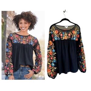 Sundance Belle Soire black floral embroidered long sleeve top M relaxed boho